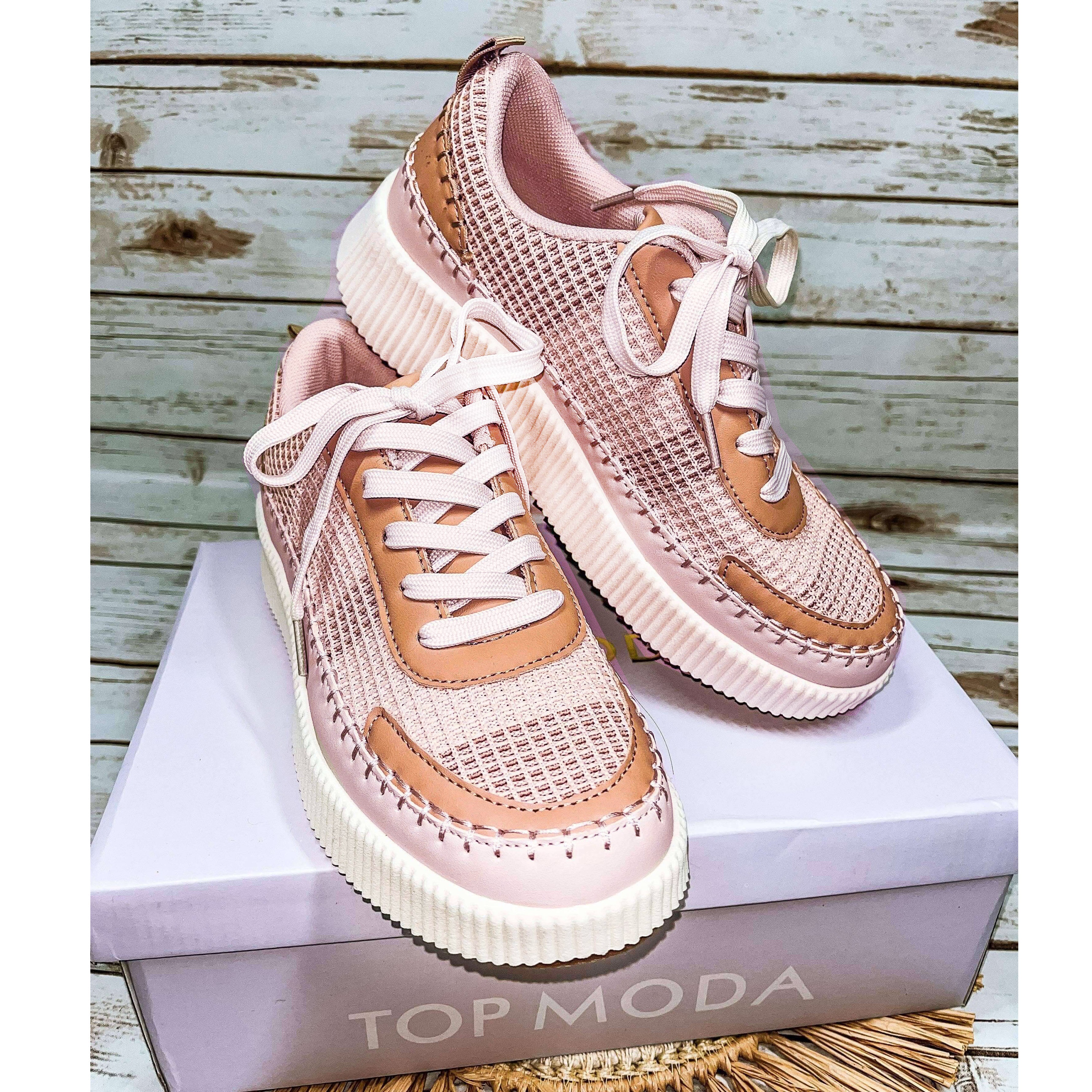 Blush nude Rosy Glow Sneakers by Top Moda on a box, featuring pink multi-mesh panels and trendy design.