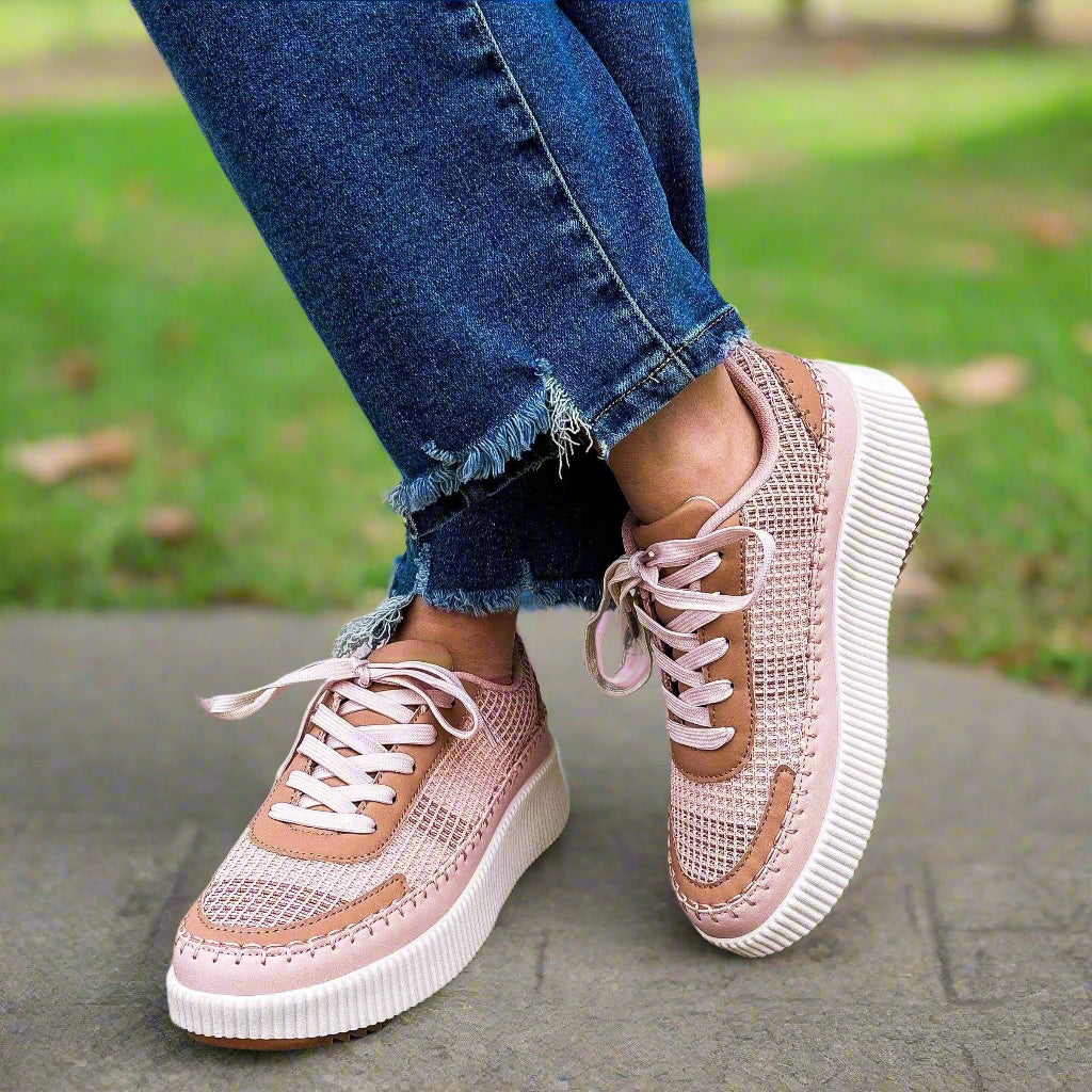 Blush nude Rosy Glow Sneakers by Top Moda with breathable mesh, paired with distressed denim.