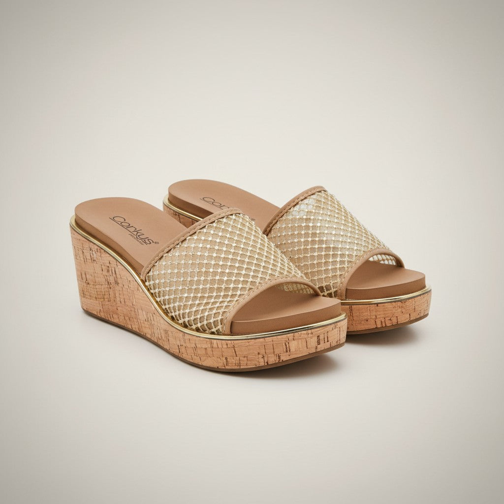 LETS MESH AROUND - CORKYS stylish wedge sandals with metallic mesh upper and cork sole for casual elegance.
