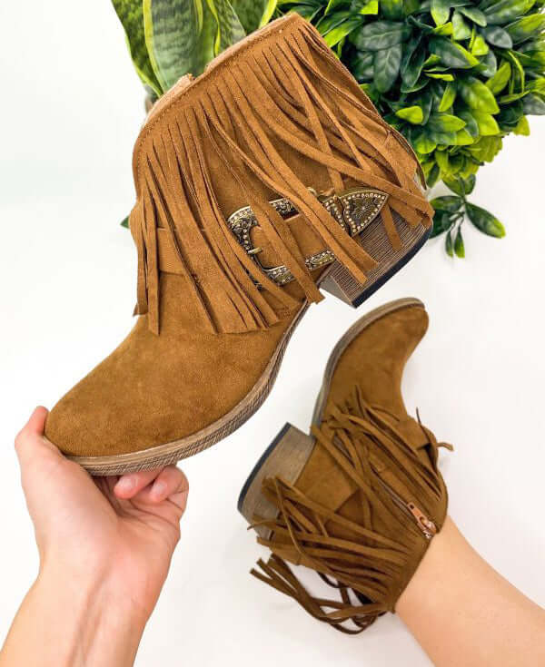 Very G Rodeo Girl Billie Boots in copper brown with fringe and rhinestone buckle, showcasing comfort and style.