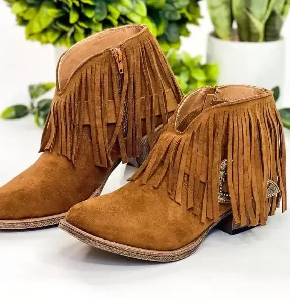 Very G Rodeo Girl copper brown boots with fringe and rhinestone buckle, ideal for stylish comfort.