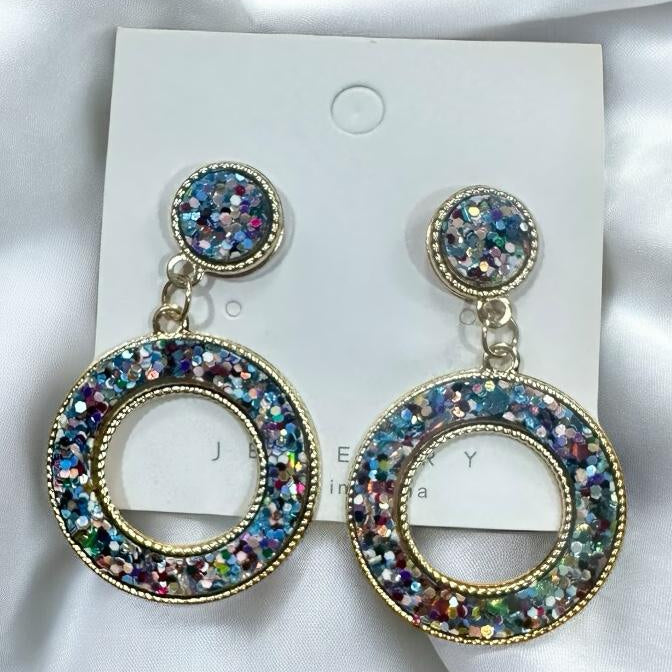 Colorful Confetti Dazzle Earrings with open circle design and glittering shimmer, perfect for adding style and charm.