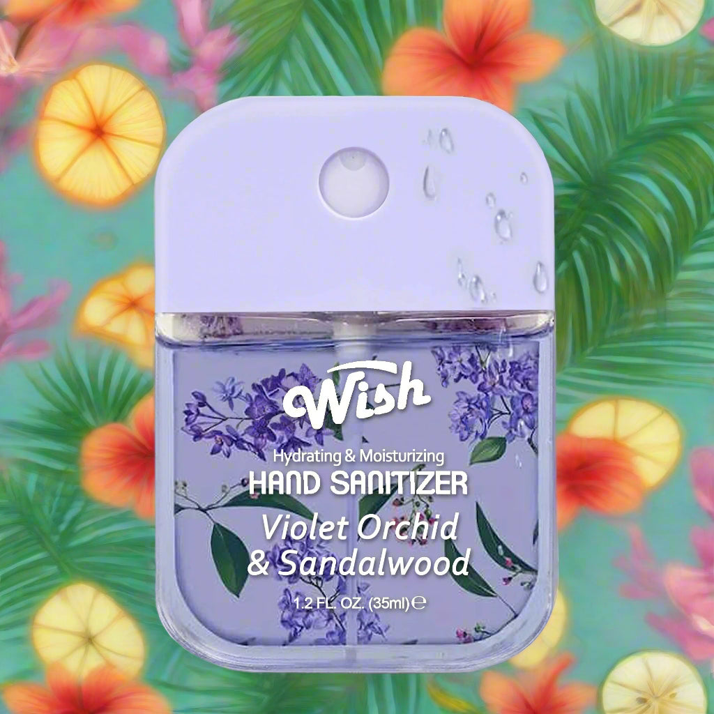 WISH Hand Sanitizer in Violet Orchid & Sandalwood scent, hydrating formula, 35ml size with floral background.
