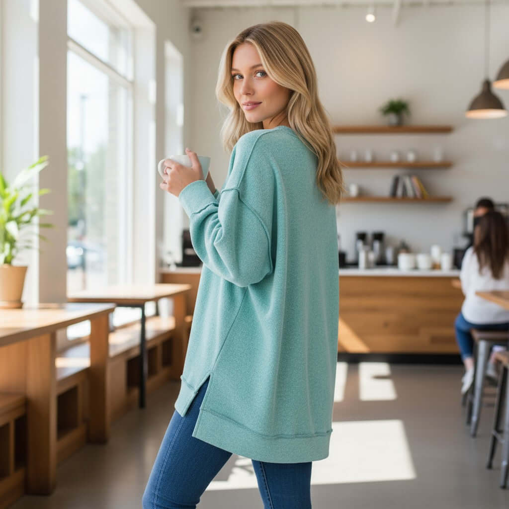 SOFT INTENTIONS Pullover by Zenana (dusty teal) worn by woman in cafe, highlighting its comfort and style.