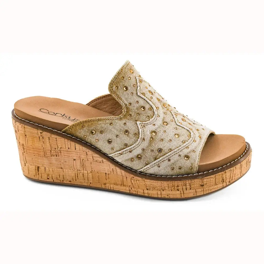 CORKYS NEON MOON WEDGES in neutral faux suede with metallic studs and cork wedge for comfort and style.