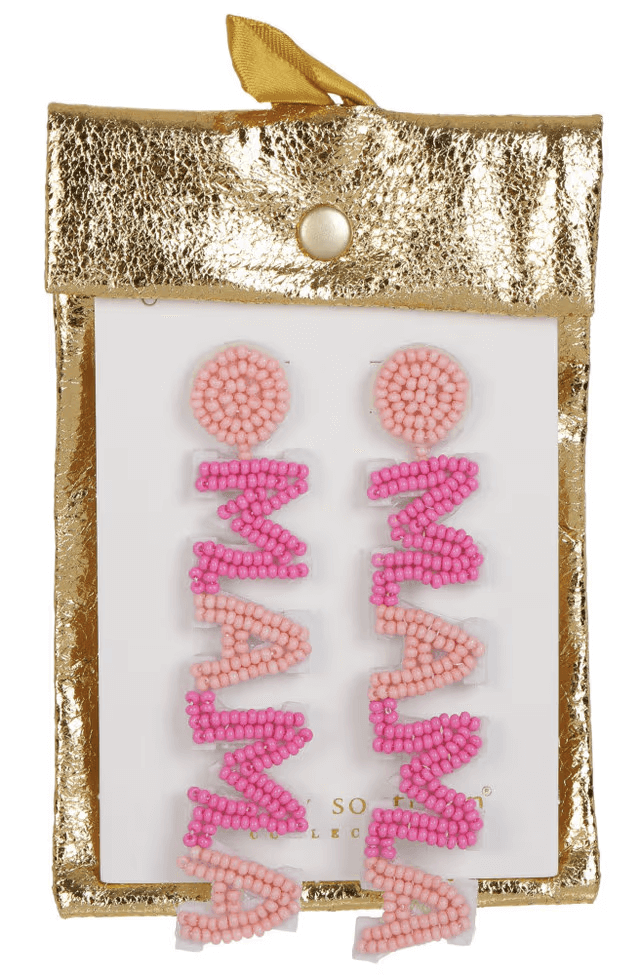 Simply Southern MAMA earrings featuring pink and coral colors, displayed in a gold keepsake bag.