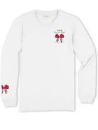 White long sleeve shirt by Simply Southern with festive red bows and "Always Be Merry and Bright" text, featuring a comfortable unisex fit.