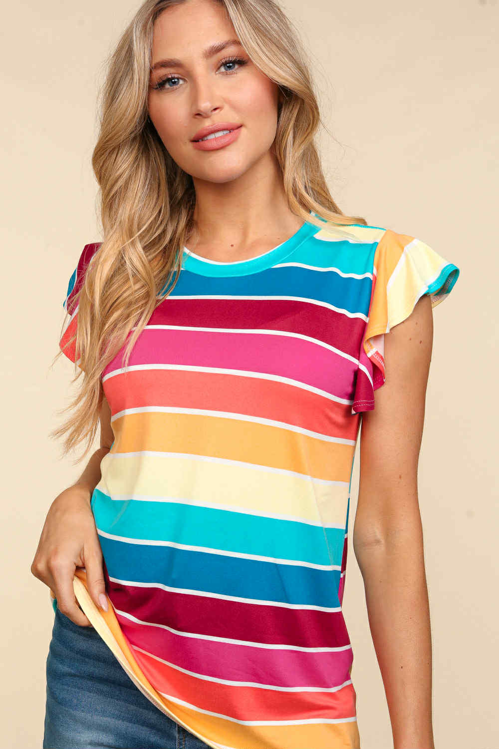 Colorful striped Happy Streak Top by Haptics with flutter sleeves for a bold summer look.