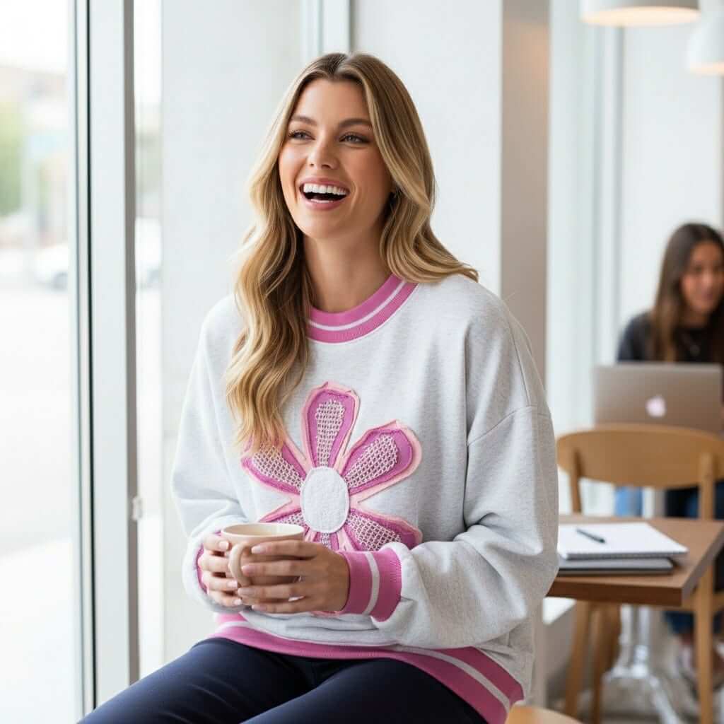 DAYDREAM BELIEVER - Sage + Fig (gray) oversized pullover with daisy design, showcased by a smiling model in a cozy café.