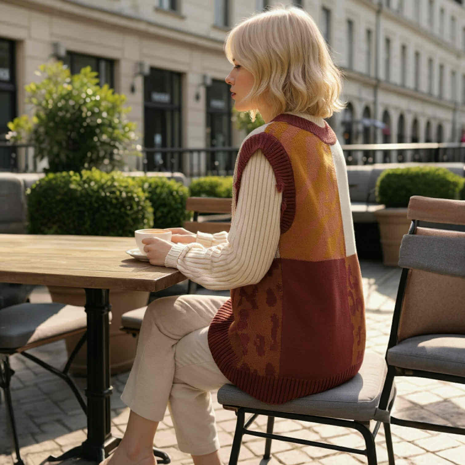 Woman wearing WILD HARVEST VEST - Umgee in cozy brick red, enjoying coffee outdoors.