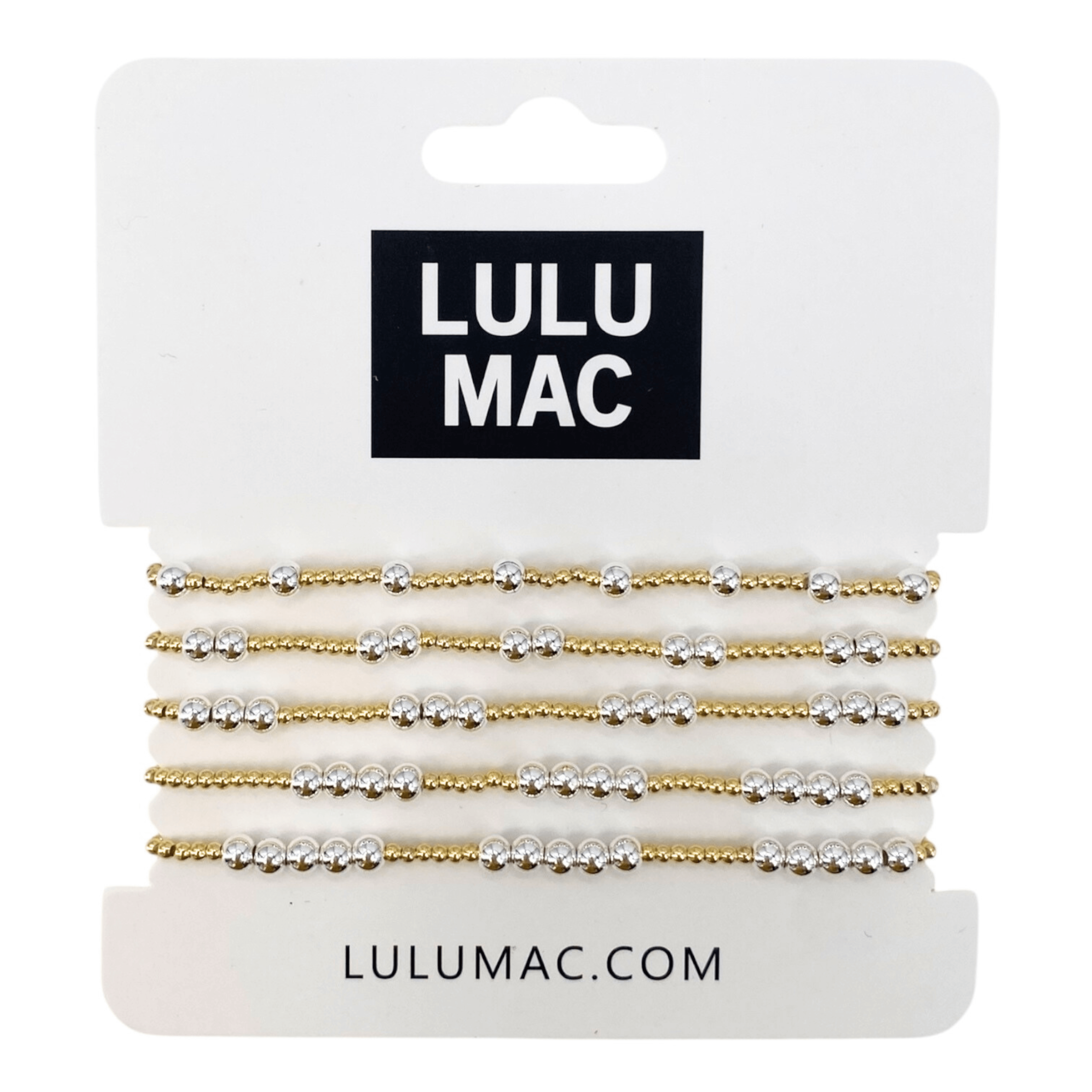 LULU MAC BRIGHT BALANCE 5 BRACELET SET featuring gold-tone and silver-tone beaded bracelets on display.