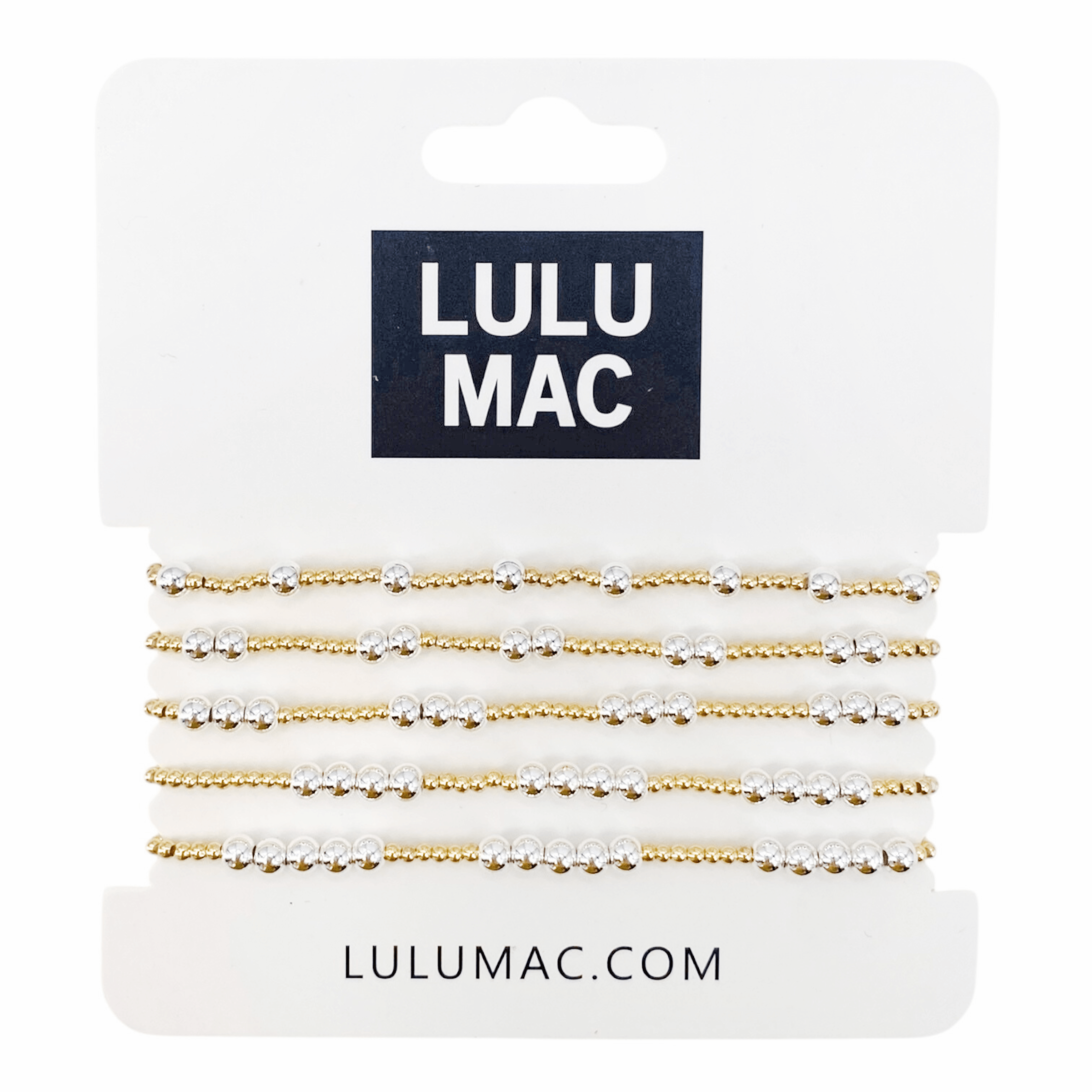 LULU MAC BRIGHT BALANCE 5 BRACELET SET showing gold-tone and silver-tone beaded bracelets on a display card.