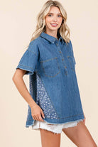 DELIGHTFUL DENIM TOP - Style & Comfort Blouse by Easel $34.00 Shop our DELIGHTFUL DENIM TOP by Easel. Trendy boutique blouse with patchwork, frayed hem, and pockets. Ultimate comfort and style! Teal Tiger Boutique