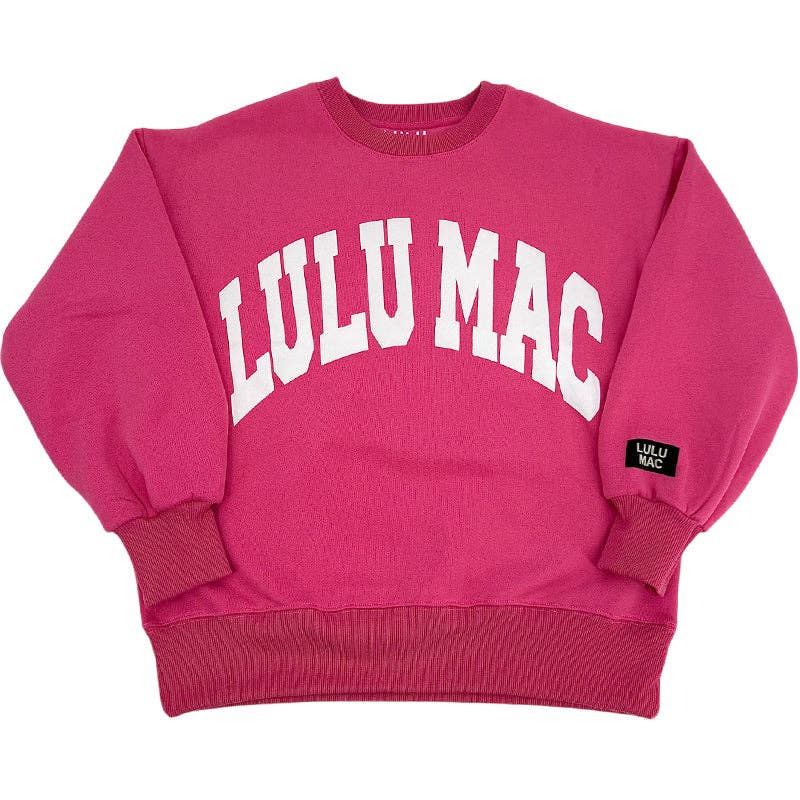 LULU MAC Hot Pink with White Puff Logo Crew sweatshirt featuring bold white logo design and cozy fit.