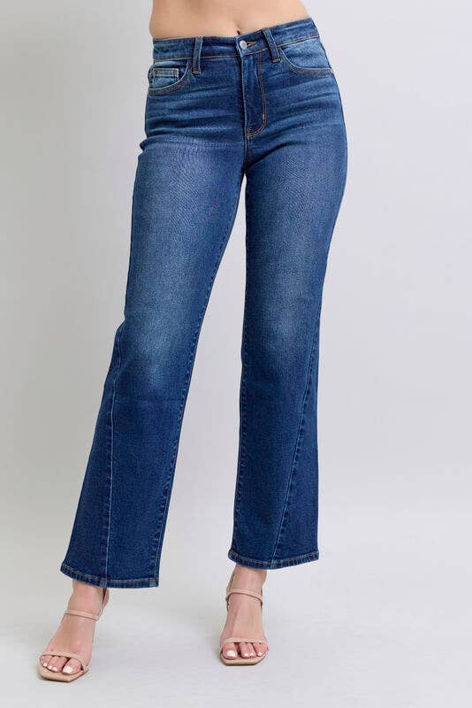 Model showcasing JUDY BLUE - NOELLE JEANS, high-rise wide leg denim in a deep dark wash for a chic look.