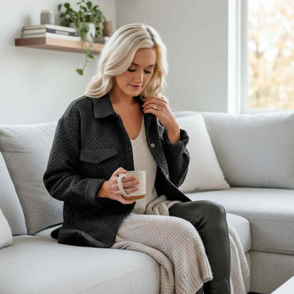 WARM IMPRESSIONS BUTTON DOWN shacket in black worn by a woman holding a coffee cup while sitting comfortably on a sofa.