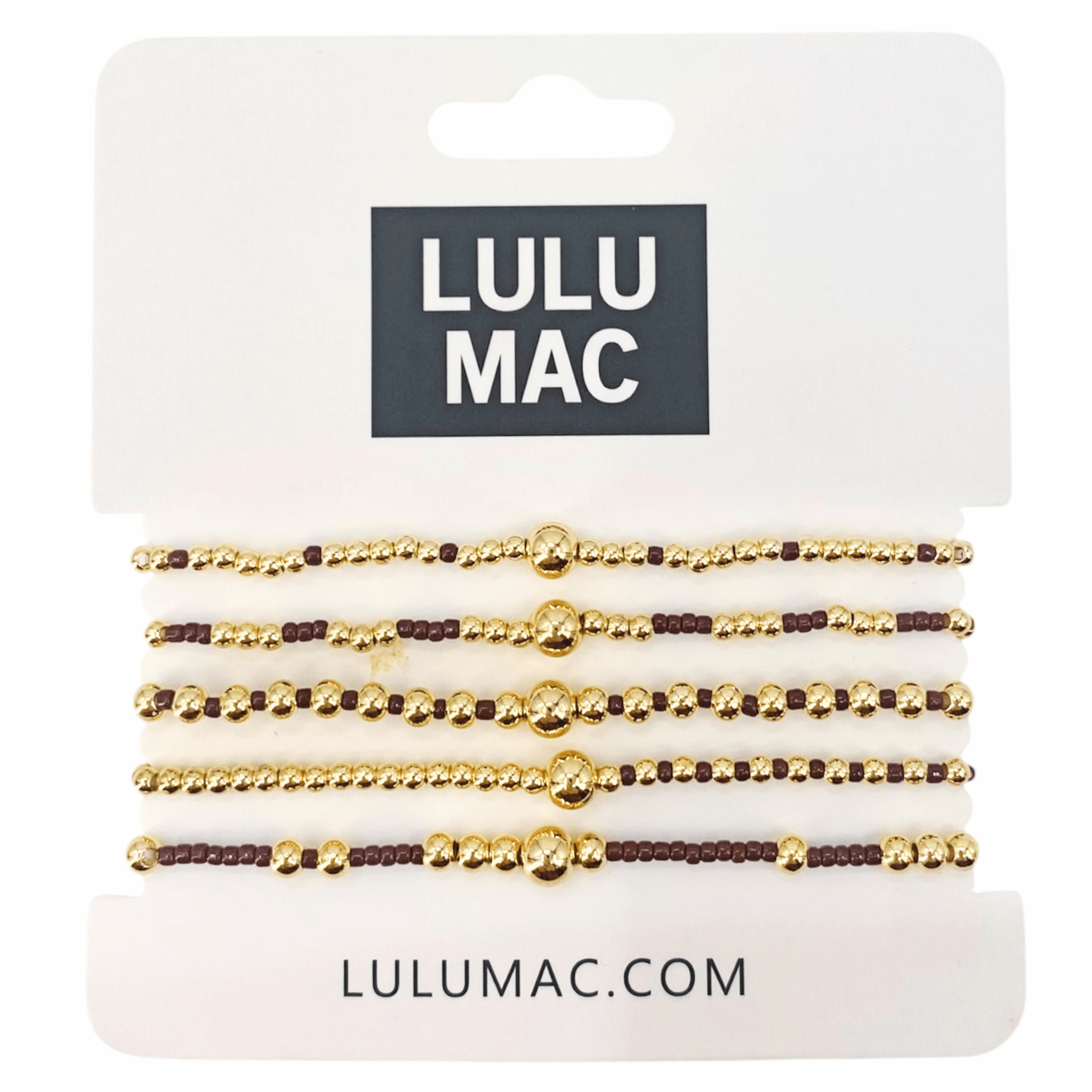 LULU MAC STACKED SERENITY 5 BRACELET SET (maroon) displayed on packaging with maroon and gold design.