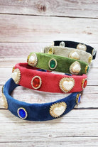 Assorted Heart Pearl Embellished Headbands in various colors, featuring heart-shaped gems and elegant embellishments.