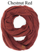 Chestnut Red C.C Story Book Knitted Infinity Scarf made from 100% acrylic, featuring a cozy cable knit design.