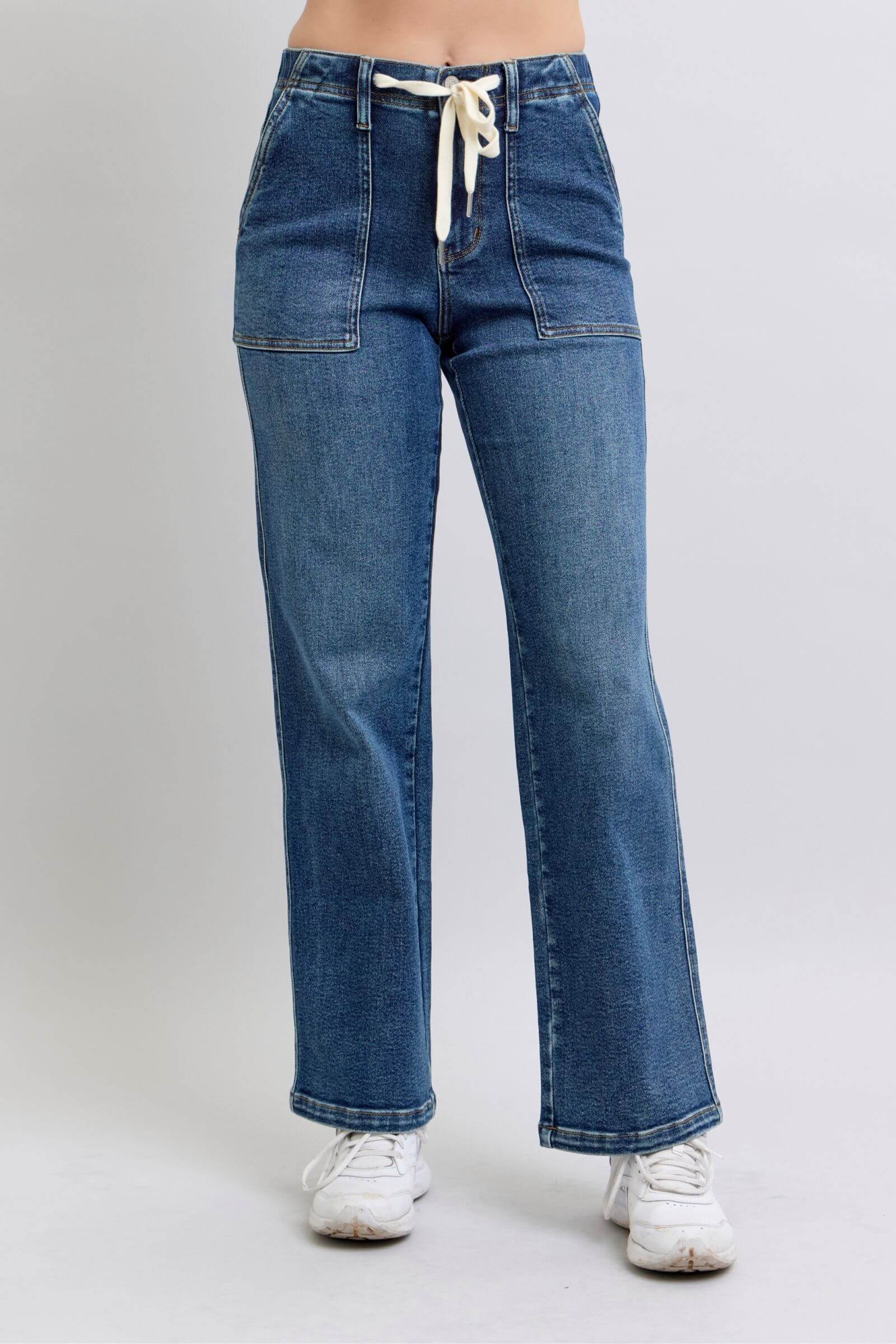 Judy Blue Sophia Jeans featuring a high waist, drawstring, wide leg, and boyfriend fit for ultimate comfort.