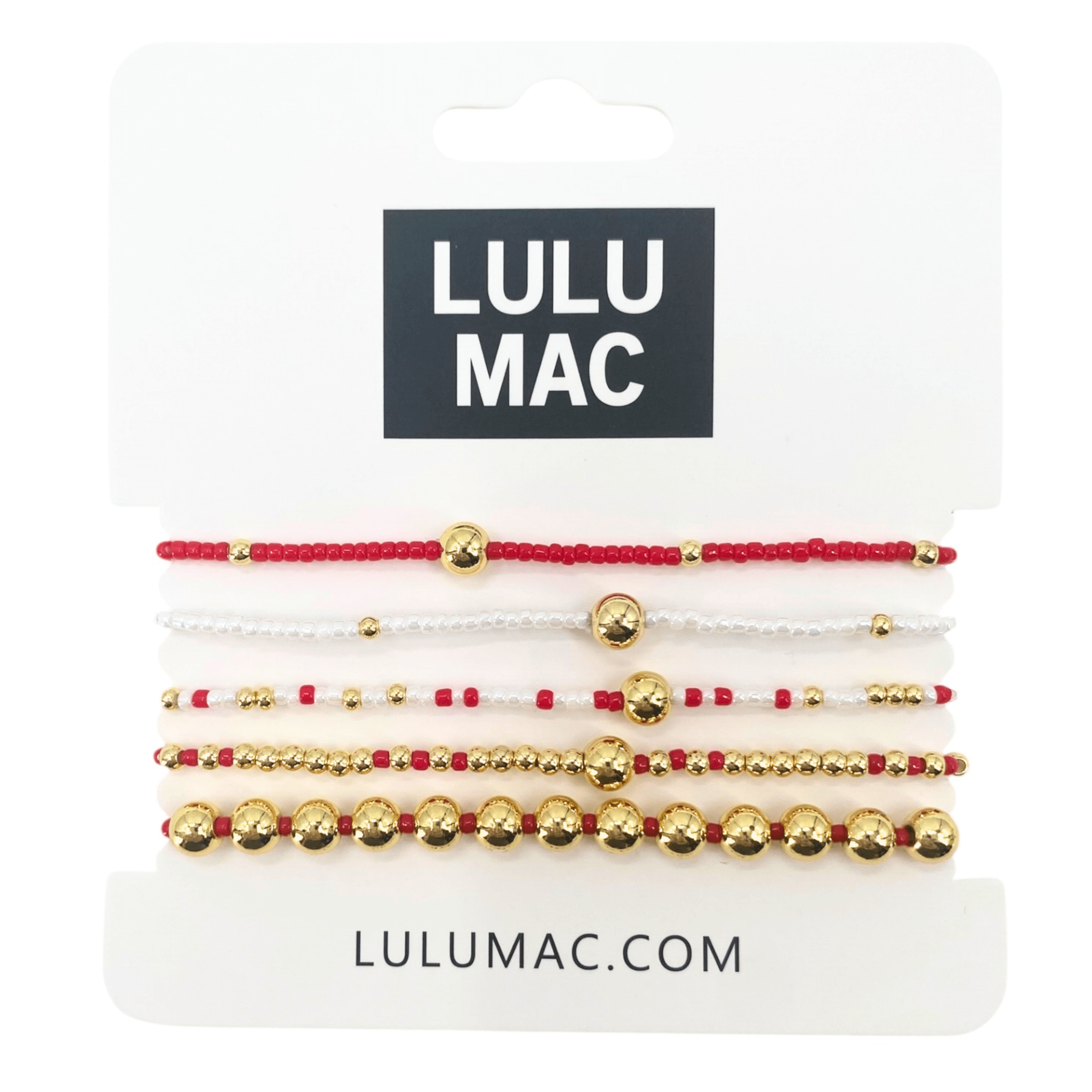 LULU MAC STACKED SERENITY 5 BRACELET SET (red) featuring red, white, and gold bracelets displayed on packaging.