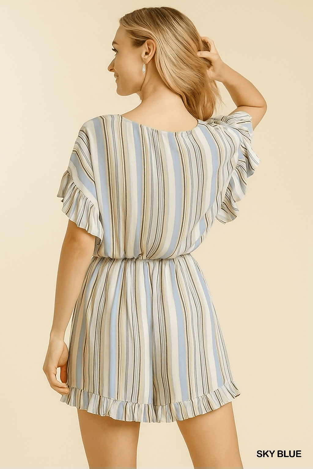 Sky blue striped Shoreline Sass Romper by Umgee, featuring ruffled sleeves and a flattering elastic waistband.
