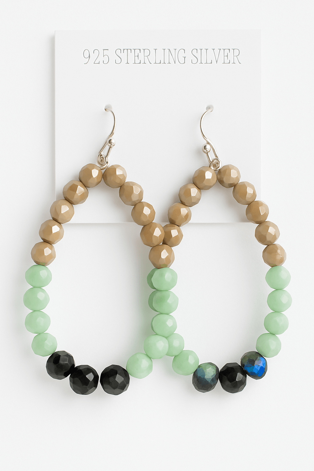 Cherish Beaded Teardrop Earrings with green, black, and tan beads on sterling silver hooks.