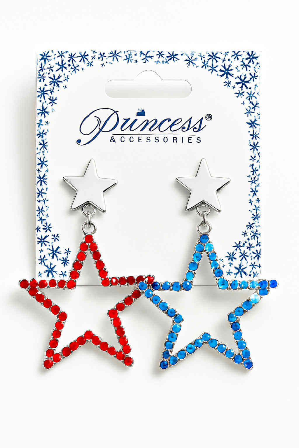 Red and blue star dangle earrings with gold and silver-tone studs, perfect for patriotic style.