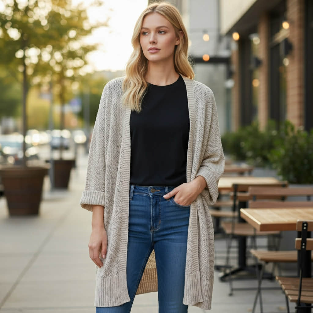 A model wearing the BAREFOOT MORNINGS CARDIGAN over a black top and jeans, enjoying a relaxed outdoor setting.