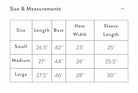 Size chart for Wonderland puffer jacket by Umgee, showing measurements for small, medium, and large sizes.