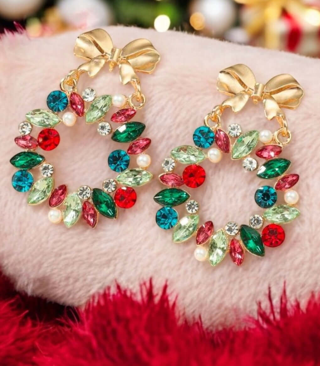 Festive Holiday Wreath Earrings with colorful rhinestones and bows, perfect accessory for Christmas celebrations.