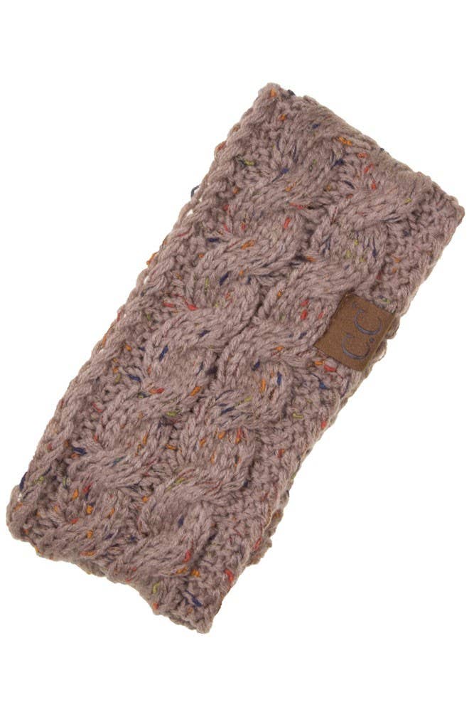 C.C Chunky Knit Confetti Sherpa Headband in taupe color, featuring soft knit and cozy design for winter warmth.