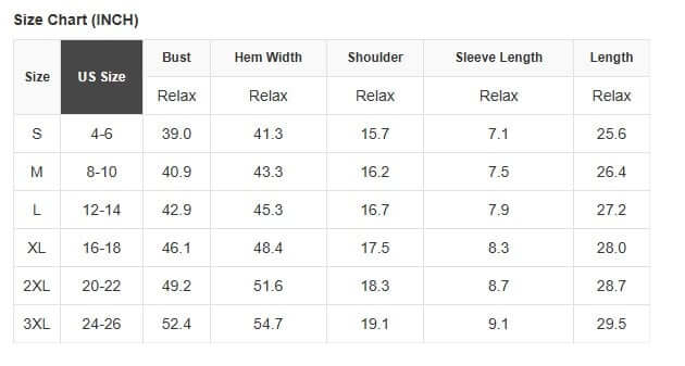 Size chart for CHRISTMAS GEMS t-shirt, detailing US sizes and measurements for women’s fit and comfort.