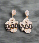 Beaded ghost earrings with "Boo" design on gold tone background, perfect for Halloween style.