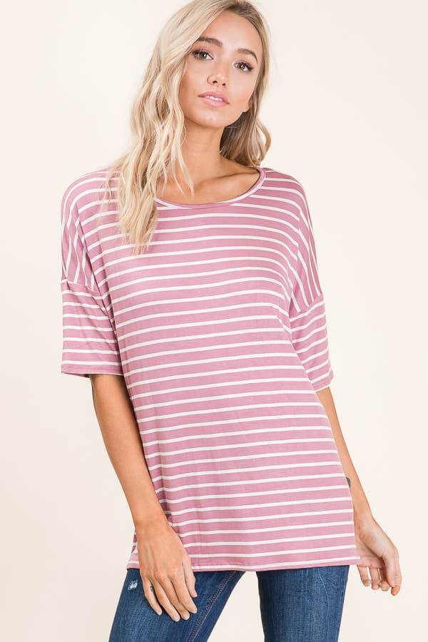 Soft mauve striped top with relaxed fit, perfect for casual wear and everyday comfort.