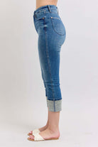 Judy Blue Charli Capris in medium wash, high waist with cuffed hem and tummy control feature.