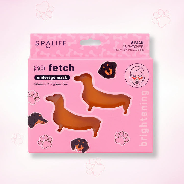 Christmas Holiday So Fetch Brightening Undereye Masks - 8 ct. packaging featuring dog-shaped masks with Vitamin C and Green Tea.