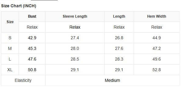 Size chart for the Cant Be Tamed long-sleeved top showing measurements for S, M, L, and XL sizes in inches.