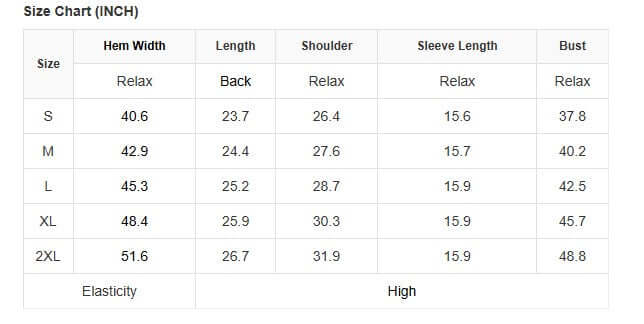 Size chart for COZY CONTRASTS TOP displaying measurements in inches for different sizes S to 2XL.