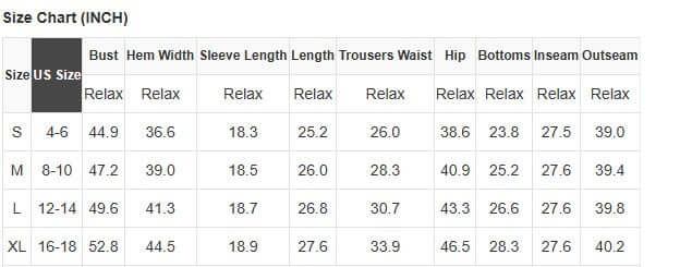 Size chart for TRUE STRIPES SET, displaying US sizes S, M, L, and XL with detailed measurements in inches.