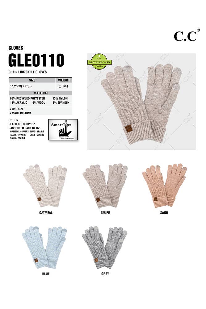 C.C Chain Link Cable Gloves display, showcasing color options: oatmeal, trappe, sand, blue, and grey.