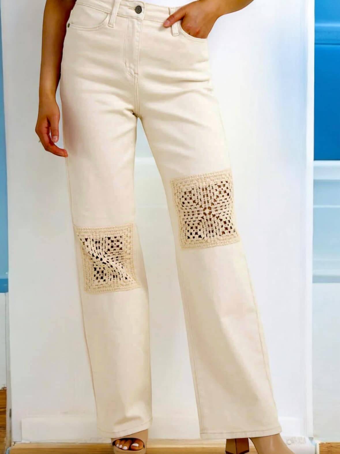 Valerie Crochet Patch Jeans by Judy Blue featuring ecru wide leg design and unique crocheted patches.