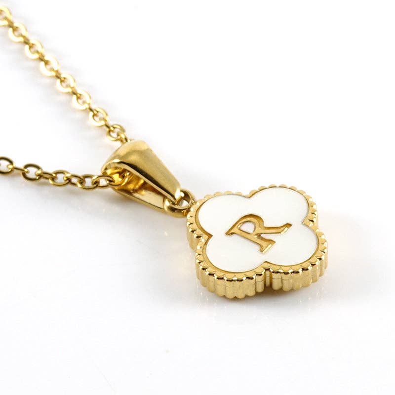 Clover Shell Initial Charm 18K Golden S.Steel Necklace - FGS with white R pendant and gold chain.
