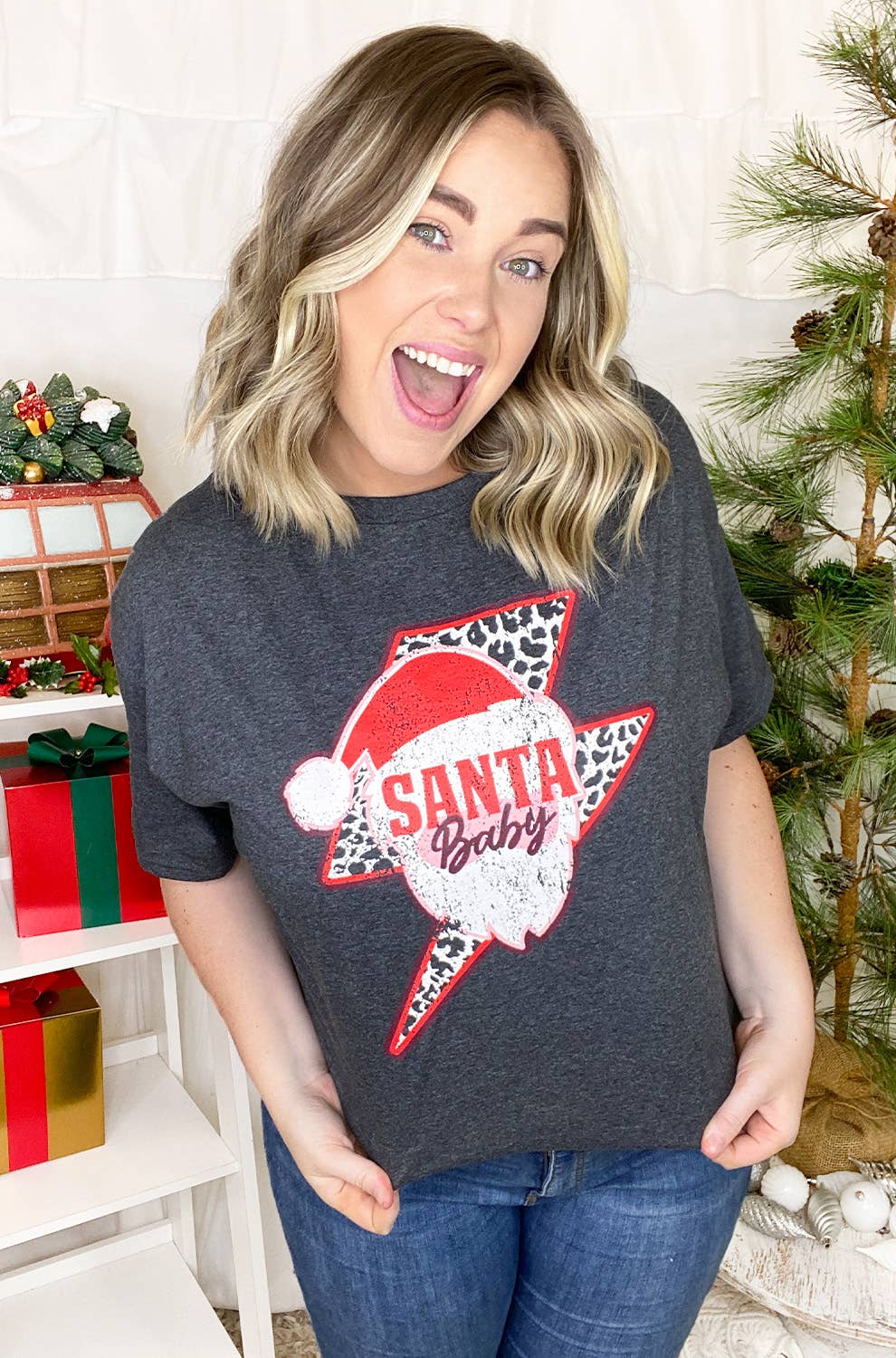 Santa Baby T-Shirt by Tees2urdoor $10.00 Santa Baby snazzy Christmas t-shirt: dark gray with a whimsical animal-print lightning bolt. Super cute and comfy cotton fabric! Fabric Content: 100% cotton dark gray t-shirt. Available Sizes: AS-5XL. Premium cotto