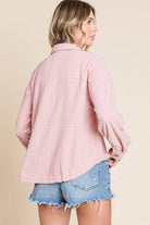 Back view of NJ90131B women's embossed soft casual shacket in pink, perfect for layering with shorts.