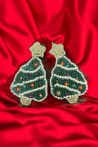 Treemendous Holiday Tree earrings in green and gold, featuring vibrant seed beads, perfect for festive celebrations.