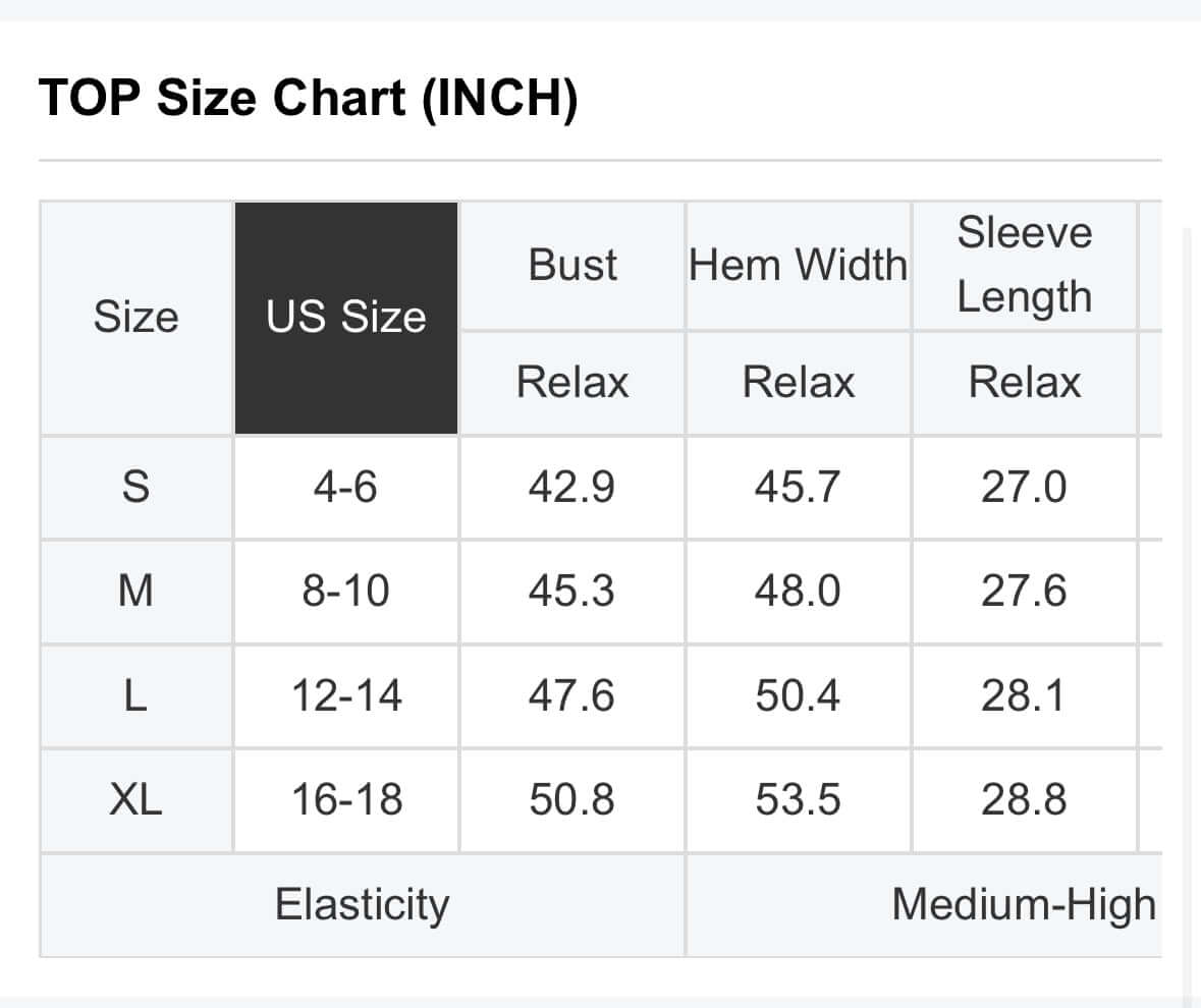 TOP Size Chart for FROSTED FUSION TOP including Bust, Hem Width, and Sleeve Length measurements.