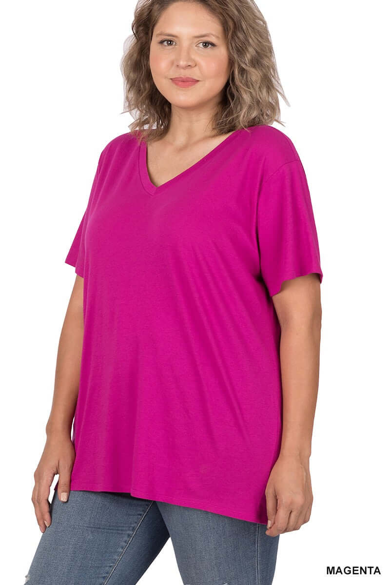 Plus size Hibiscus Harmony tee in vibrant magenta, featuring soft fabric and relaxed v-neck design for ultimate comfort.