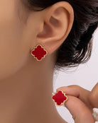 SEEING RED Earring Studs by Vivian-Lu, featuring bold red geometric design with gold tone trim, stylish accessory for any outfit.