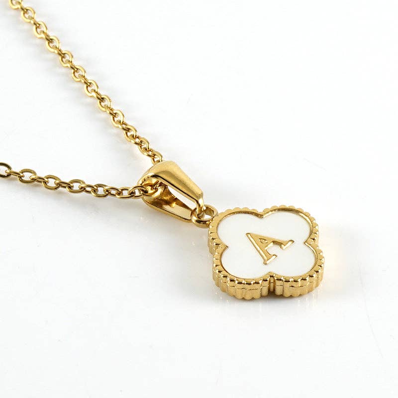 Clover Shell Initial Charm 18K Golden S.Steel Necklace - FGS with gold plated clover pendant and initial A.